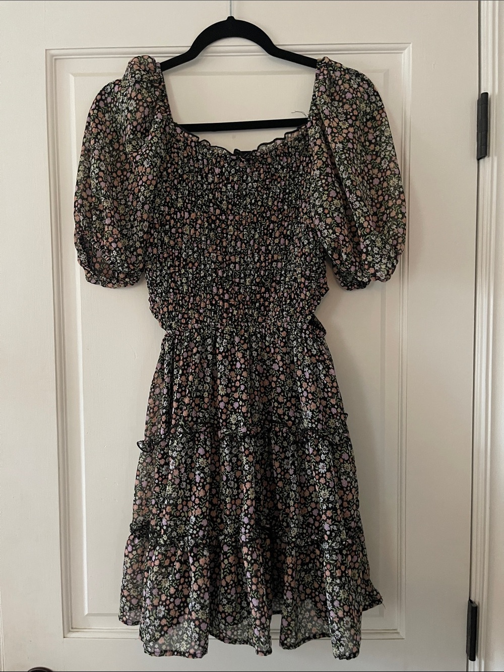 art class Black Floral Smocked Mini Dress with Pink and Green Accents